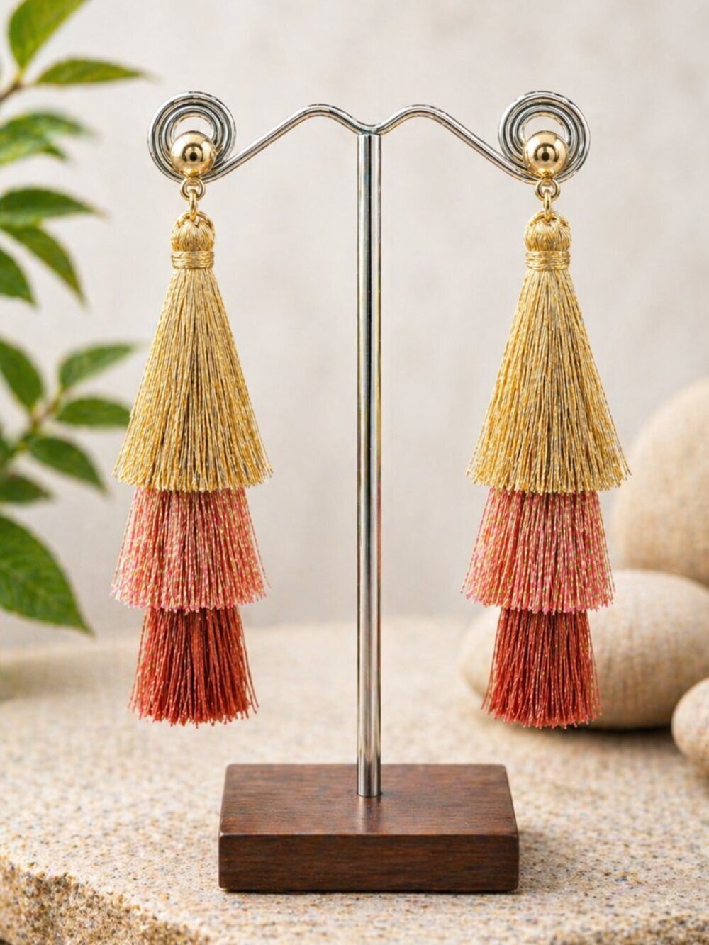 Layered Gold & Blush Tassel Earrings - Picture 3 of 5